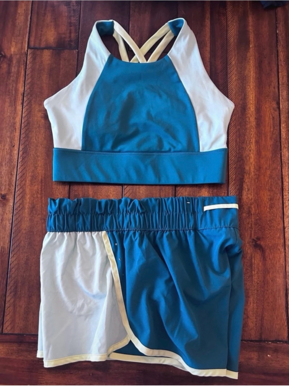 Teal and White Athletic Crop Top & Short Set